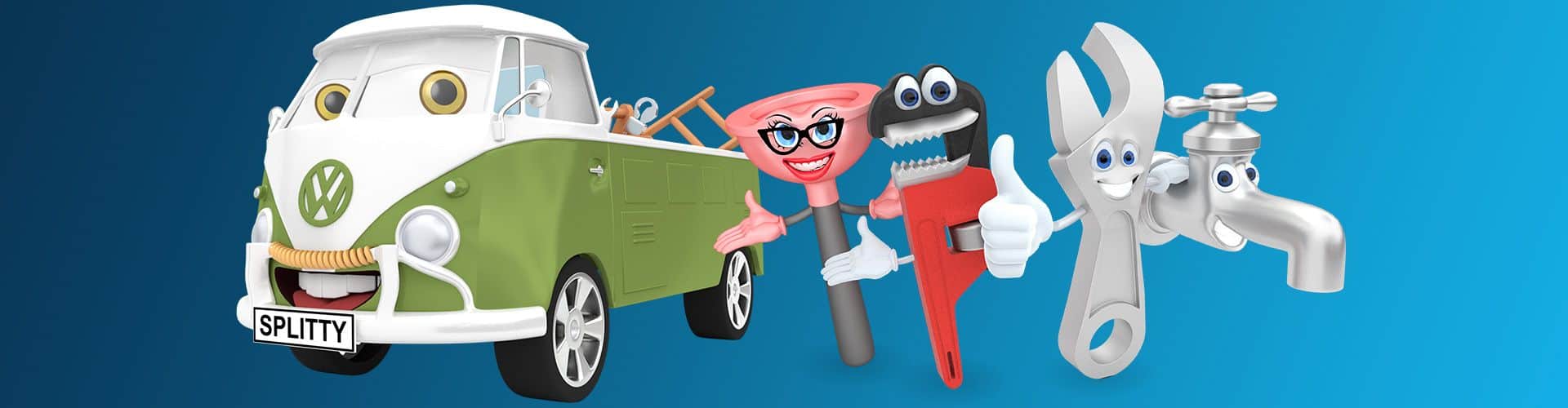 A friendly cartoon Volkswagen van with animated plumbing tools and characters, representing plumbing.